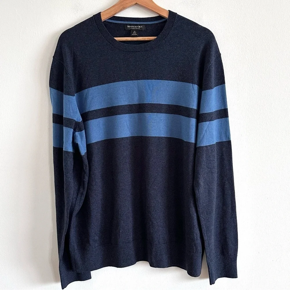 Banana Republic Men's Navy Blue Striped silk cotton cashmere Sweater XL